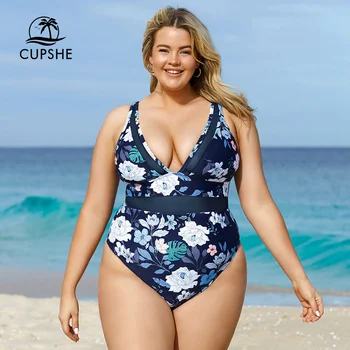 CUPSHE Плюс Размера на Цветя Мрежест едно Парче Бански За Жени Секси Монокини Голям Размер 3XL, Бански Костюми 2023, хавлии за Плаж, Бански костюм