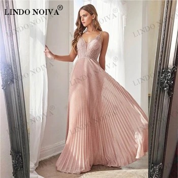 LINDO NOIVA Розови дълги рокли на спагети презрамки за бала, Сексуална расшитое мъниста плиссированное блестящо-секси вечерна рокля 2023 с отворен гръб, Vestidos De Fiesta