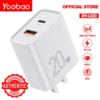 Yoobao RY-U20 2 в 1 USB A и Type-C Бързо зареждане на PD3.0 захранващ Адаптер мощност 20 W