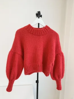 Есен/зима 2023, нов дамски пуловер от чисто мохера ръчно изработени, голям червен пуловер ➕ hat мързел