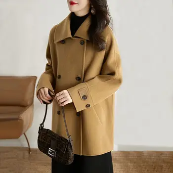 Корейска жена Вълна палто за есен-зима 2023, Нова мода, Отложной яка, Обикновена Елегантни Свободни Офис дамски Сака, Връхни дрехи