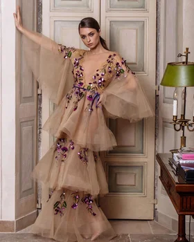 Луксозен V-образно деколте, Лилави Кристали, бродирани с мъниста, Цветни Дамски официални рокли за гостите на сватбата, къдри, многослоен тюл
