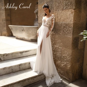Сватбена рокля Трапецовидна форма Ашли Carol 2023, Дълбоко V-образно деколте, сгъване, Дълъг ръкав, Шифоновое Сватбена рокля с цепка върху бедрата, Vestidos De Новия