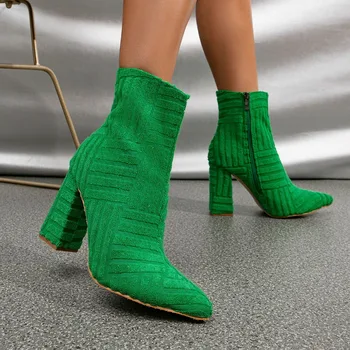 2023 Дамски Обувки на висок ток 10 см, Женски Зелени Къси Ботильоны, Дамски Зимни Обувки За Стриптийз С Остри пръсти, Дизайнерски Обувки в готически Стил