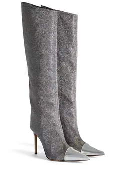 2023, Есен/Зима, Нови модни ботуши до коляното на висок ток-висок ток с квадратни пръсти и страничния цип на модния подиум с метален ефект