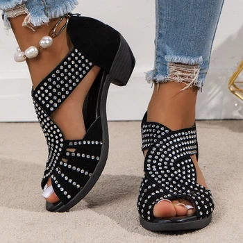 2023, Нови модни Удобни сандали, Дамски домашни обувки С кристали и цип, Дамски обувки с отворени пръсти