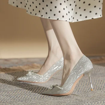 6 см 8 см, Пролетно-летни обувки за Сватба с перли, Дамски Пикантни Дизайнерски Сватбени обувки на висок ток, Модни дамски Модерни сандали На Висок Ток, Офис Дамски обувки