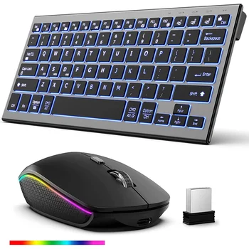 7 Цвята Bluetooth Клавиатура и мишка с подсветка, 2,4 G USB Акумулаторна безжична клавиатура и мишка комплект за таблет, лаптоп, Windows