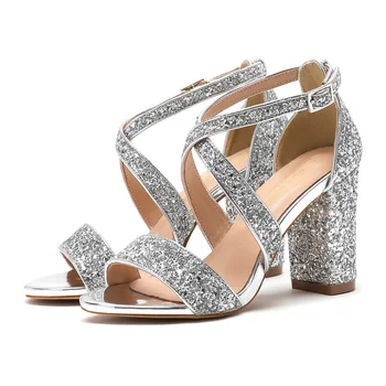BaoYaFang/ Сребърно-златни сватбени обувки За младоженци; Дамски Модни летни вечерни обувки с каишка отзад на дебелите обувки; Дамски сандали с каишка на щиколотке 8 см