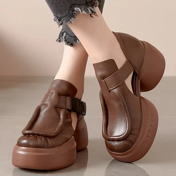 Birkuir/ Дамски Сандали на дебел ток със Затворени Пръсти, Луксозни Обувки от естествена кожа на висок ток 7 см, Черни обувки-лодки, Дамски обувки в четири сезона