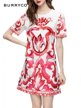 BURRYCO 2023, ново лятно женствена рокля трапецовидна форма с къс ръкав и кръгло деколте, украшенное мъниста