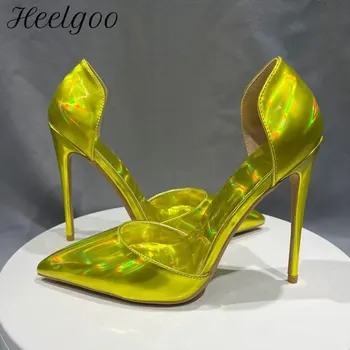 Heelgoo/Блестящи Напълно Златни Дамски обувки на висок ток с остър пръсти и отворена страна, Пикантни Рокля За Сватбени партита, обувки-лодка на висок ток 12 cm 10 cm 8 cm
