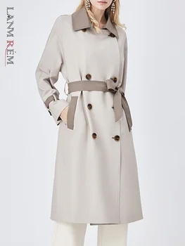 LANMREM Тренч в контрастен цвят със Средна Дължина, Двубортная ветровка с колан, Дамски Модни дрехи В корейския луксозен стил 2DA1663