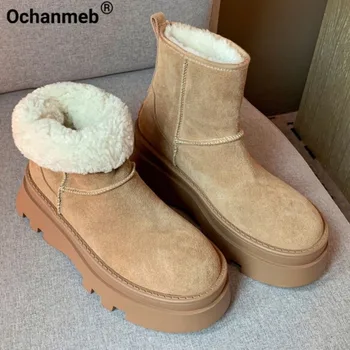 Ochanmeb, дамски зимни обувки от волска кожа, велур, топло овче руно, Къса ботильоны без закопчалка на равна платформа, лаконичная дамски обувки с телесен цвят за зимата