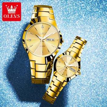 OLEVS Оригинални златни часовници за двойки, Модерно Огледало във формата на диамант, Луксозен каишка за часовник от вольфрамовой стомана, Елегантни мъжки и дамски ръчни часовници за двойки.