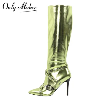 Onlymaker, женски зелени ботуши до коляното с остри пръсти, модни ботуши на висок ток с страничния цип на ръчно изработени тънките токчета