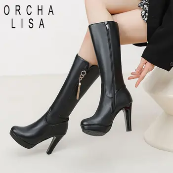 ORCHA LISA/ Женски Ботильоны до коляното С Кръгла Пръсти, за да не сужающемся надолу масивна Ток 10 см, Платформа 2 см, Висулка на ципа, Големи Размери 41, 42, 43, Дамски обувки за възрастни