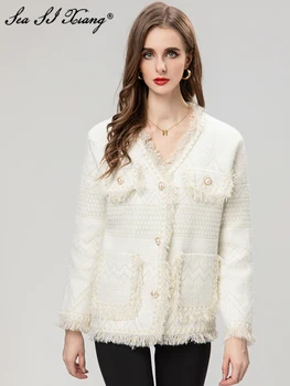 Seasixiang Модно дизайнерско палто началото на есента, жена с V-образно деколте, Дълги ръкави, джобове с пискюли, Ежедневни геометрична яке