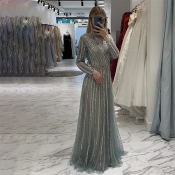 Serene Hill Мюсюлмански Тюркоазени А силует, бродирани с мъниста Луксозни вечерни рокли в Дубай, Рокли за жени, за сватба парти 2023 BLA71812