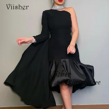 Viisher Черни вечерни рокли на Русалка с гънки на едно рамо, атласное вечерна рокля с дължина до коляното, вечерни рокли от Дубай и Арабия