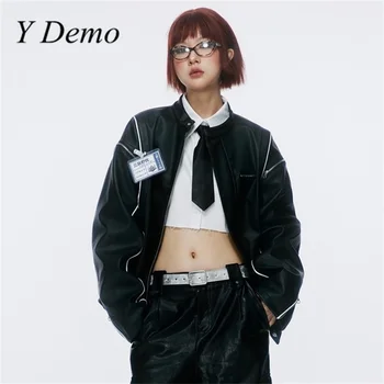Y Demo, дамски градинска яке-бомбер от изкуствена кожа с кръгло деколте и дълги ръкави в елегантен стил, свободна пуговица, градинска облекло