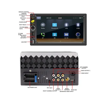 Автомобилна стерео система с двоен Din, CarPlay Android Auto, 7-инчов сензорен екран, Радио, Автомобилен Мултимедиен плеър, Огледална връзка, Bluetooth, AUX-камера
