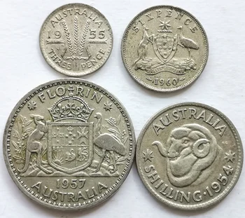 Версия на кралица Елизабет, Великобритания, Австралия, 195x-196x Година, 4 сребърни монети, 3 Пени-1 флорин