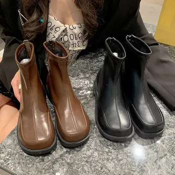 Дамски ботильоны с кръгло бомбе, обикновена модни обувки в черен цвят, нови обувки, ежедневни дамски ботильоны на мълния в западен стил, обувки на плоска подметка