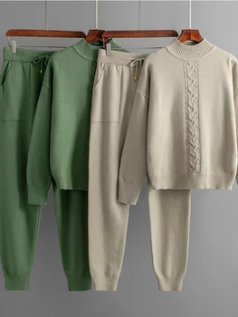 Дамски Комплекти от две части, пуловер с висока воротом, Трикотажни комплекти, панталони, Всекидневни женски зимен костюм, Обикновен пуловер, комплект
