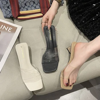 Дамски обувки 2023 г., Летни Чехли с прозрачен ток, Луксозни Чехли на средна квадратен ток, Нов Дизайн на мека блок от изкуствена гума в римски стил