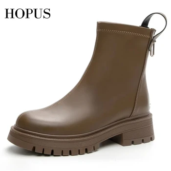 Дамски обувки HOPUS, Тенденция 2023, Новостите на Есен, Бяла Кожена обувки в Британския стил За жени, Елегантни Дамски Ботуши на масивна Ток, Зимни