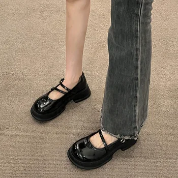 Дамски обувки в стил ретро, летните обувки на висок ток 2023, ежедневни обувки Mary Jane, с кръгло бомбе, топ бежови черни кожени въжета, дебела гума в стил 