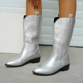 Дамски обувки за продажба на 2023 г., Висококачествени дамски обувки с ръкав, Зимни ботуши с остри пръсти и еднакво бродерия върху средно бочкообразном ниска пета
