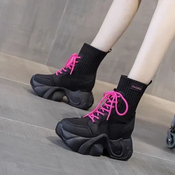 Дамски обувки; Колекция 2023 г.; Висококачествени дамски обувки с кръстосани шнур; Модни модерни обувки в тон; Женски нови Обувки до средата на прасците с кръгло бомбе