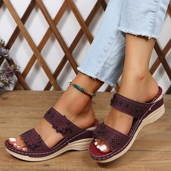 Дамски сандали с цветя модел, ежедневни разнообразни плажни сандали с рибено уста за срещи