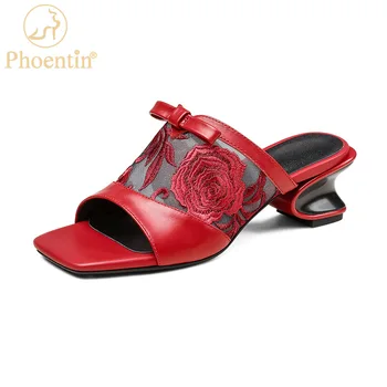 Дамски улични чехли в стил мозайка от естествена кожа с бродерия на цветя, летни етнически сандали на среден ток FT2554