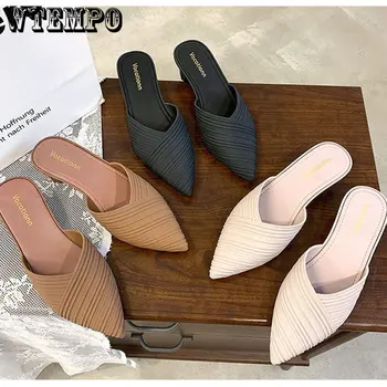 Дамски чехли на висок ток с остър пръсти, ежедневни корейската мода в ивица, чувственост, офис женски обувки, лятна директен доставка