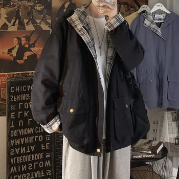 Дънкови якета, обикновена палто в лоскутную клетка с цип, с качулка, двойки, градинска яке-карго, Мешковатая връхни дрехи големи размери Ins