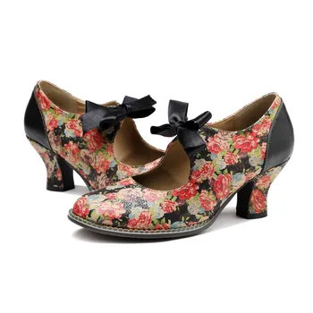 Есенни дамски обувки-лодка на ток с пеперуда и възел, чрез шнурове, естествена кожа, квадратен ток 5 см, разпокъсани цветя, декорация на дамски обувки в стил ретро