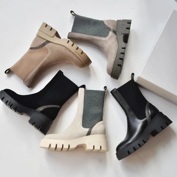 Есенно-зимни нови ботуши-комини с лъскави мъниста, еластичен пояс, къса обувки с дебела подметка и масивна ток, ботуши на 