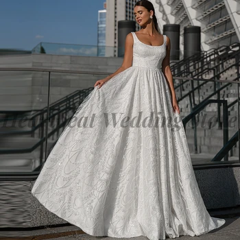 Жена Сватбена рокля Трапецовидна форма, с Квадратна яка 2023, без ръкави, Дантела, с отворен гръб и Аппликацией от Пайеток и Мъниста, Страхотно