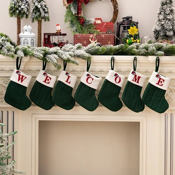 Зелени терлици с букви, Коледни чорапи, коледни украси, Коледни украси за дома 2023 Навидад 2024, коледен подарък