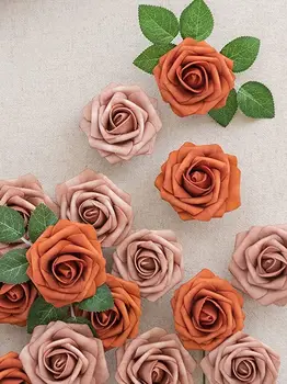 Изкуствени цветя, ярко оранжево и топло тъмно-сиви Рози 25/50шт, тези фалшиви рози с дръжка за Булчински букети, украса на дома