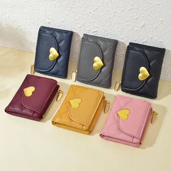 Корейски Кратък студентски портфейл от изкуствена кожа, Обикновено Сладък дамски портмонета с няколко карти във формата на сърце, Мини чанта за жени, портфейл за монети