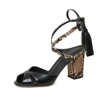 Летни нови стилни сандали на дебел висок ток с рибено уста и кръгла глава във формата на змия, европейски и американски дамски сандали