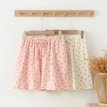 Летни Сладък Дамски шорти и пижами с флорални принтом от тънка памучна тъкан, Домашно облекло за сън, Панталони и пижами