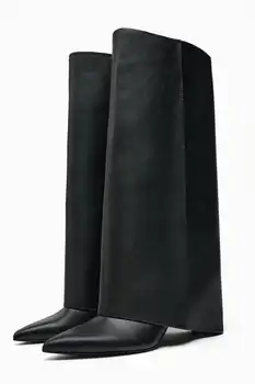 Луксозен дамски обувки в Черен Цвят с остри пръсти-Дудочкой, марка Dupe ZA, Есенни Вирусни Ботуши Y2k до коляното на висок ток с Акули, Промоция Безплатна Доставка