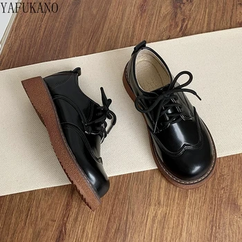 Малки кожени обувки в британския стил на дебела подметка, женски студентски обувки JK с кръгло бомбе дантела, ежедневни обувки на равна подметка в ретро стил Mori Момиче