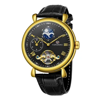 Модерен Мъжки часовник Forsining Top Brand с кухи Турбийоном, напълно автоматично кожена каишка, водоустойчив фаза на Луната, механични часовници бизнес