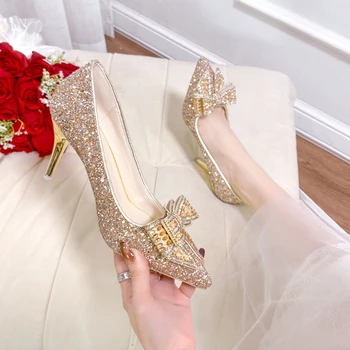 Нова мода дамски обувки на висок ток с остър пръсти и лък, украсен с кристали, Пикантни обувки за банкет, Сватбени партита, Zapatos Mujer на висок ток